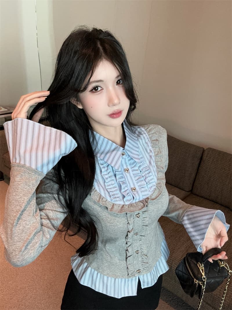 실사 가을 핫걸 폴로 칼라 페이크 레이어드 티셔츠 여성 프릴 스트라이프 패치워크 나팔 긴팔 맨위 기본 셔츠