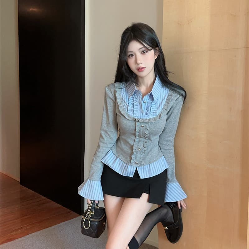 실사 가을 핫걸 폴로 칼라 페이크 레이어드 티셔츠 여성 프릴 스트라이프 패치워크 나팔 긴팔 맨위 기본 셔츠 이미지 5