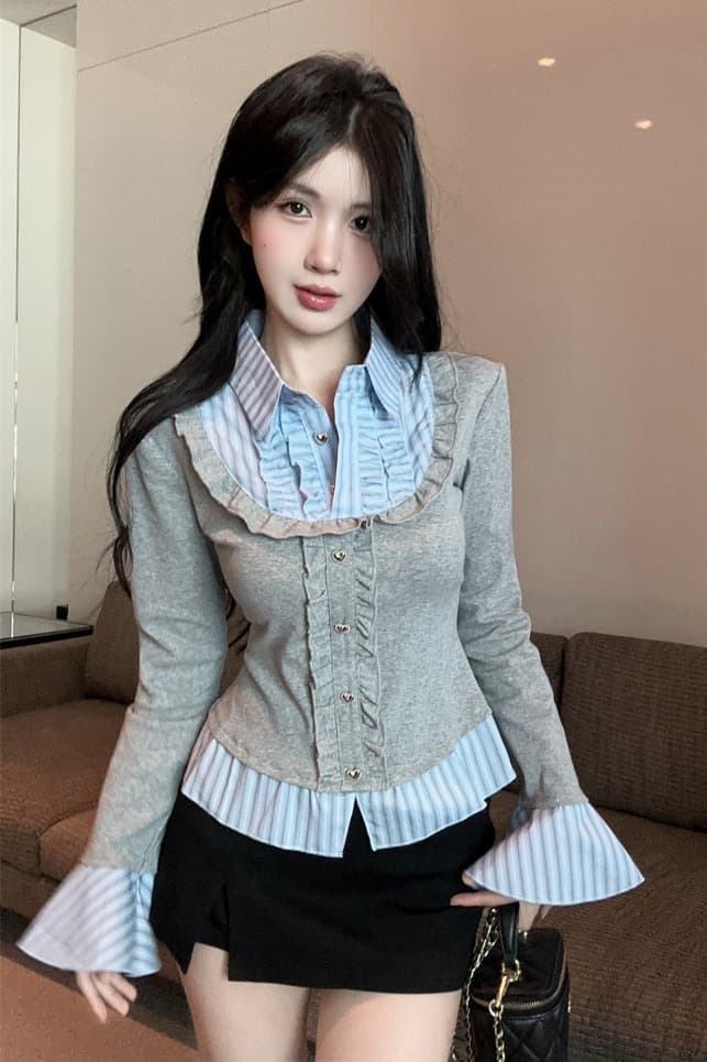 실사 가을 핫걸 폴로 칼라 페이크 레이어드 티셔츠 여성 프릴 스트라이프 패치워크 나팔 긴팔 맨위 기본 셔츠 이미지 6