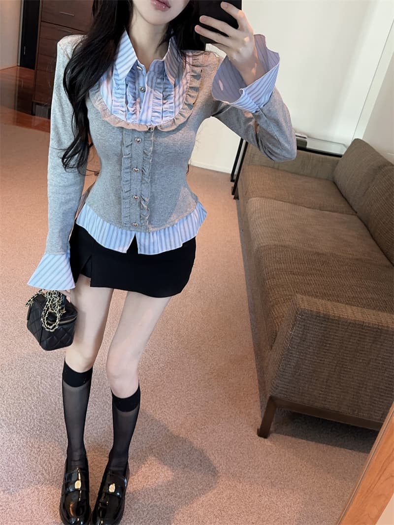 실사 가을 핫걸 폴로 칼라 페이크 레이어드 티셔츠 여성 프릴 스트라이프 패치워크 나팔 긴팔 맨위 기본 셔츠 상세 이미지 1