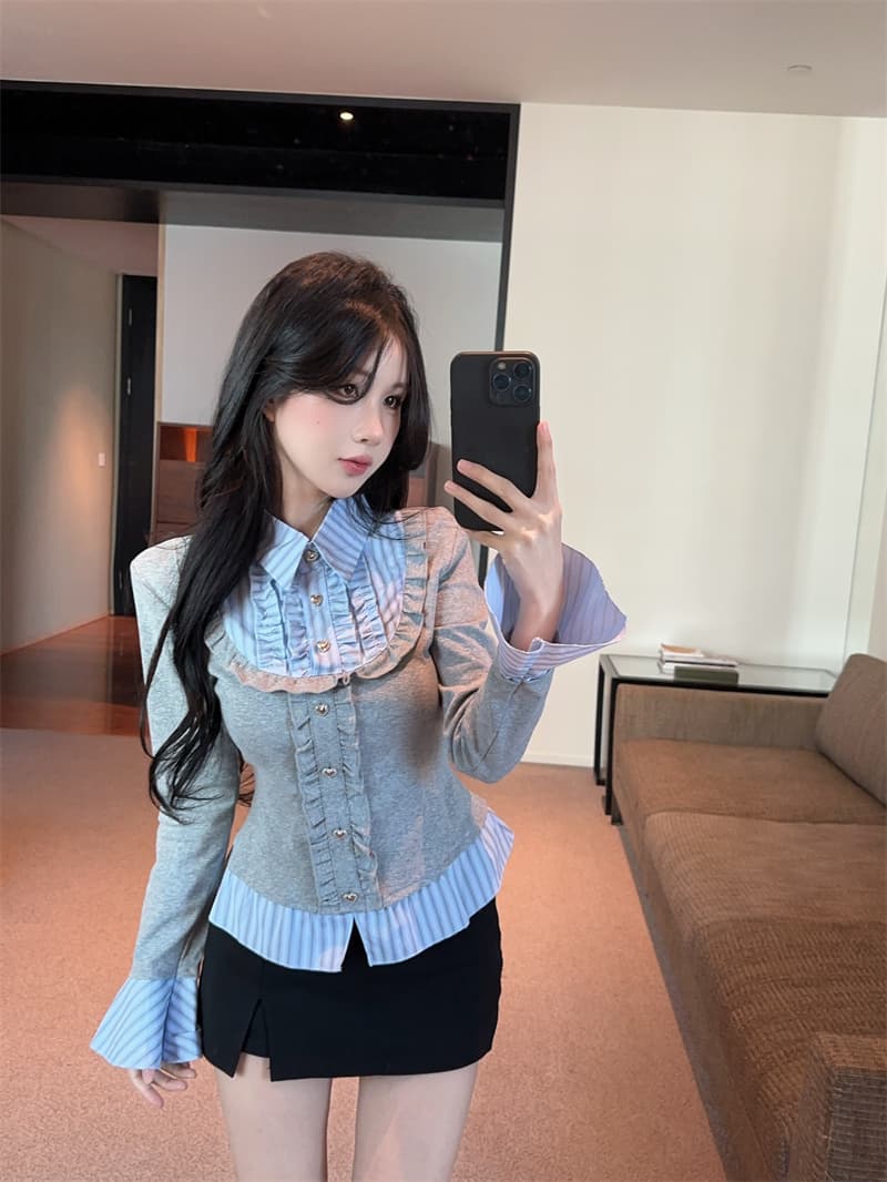 실사 가을 핫걸 폴로 칼라 페이크 레이어드 티셔츠 여성 프릴 스트라이프 패치워크 나팔 긴팔 맨위 기본 셔츠 상세 이미지 5