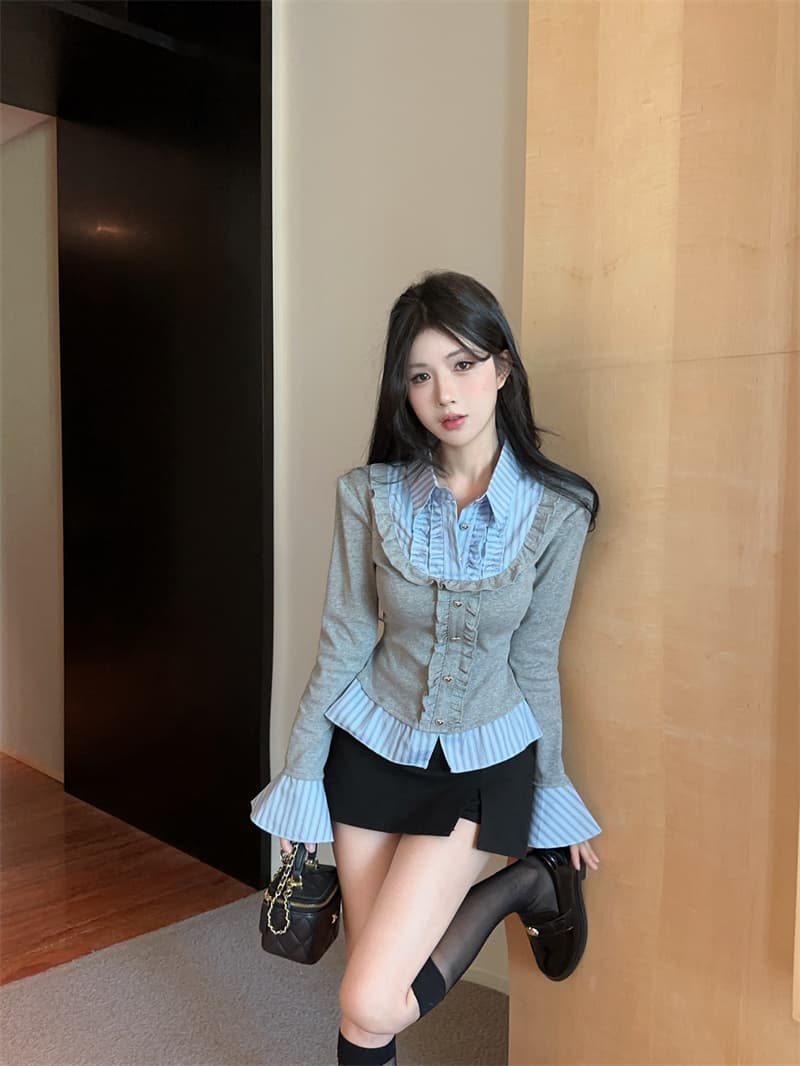 실사 가을 핫걸 폴로 칼라 페이크 레이어드 티셔츠 여성 프릴 스트라이프 패치워크 나팔 긴팔 맨위 기본 셔츠 상세 이미지 6