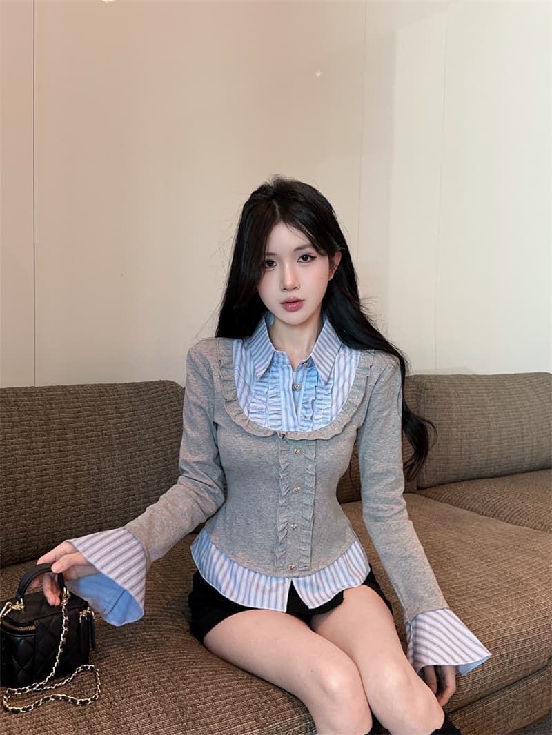실사 가을 핫걸 폴로 칼라 페이크 레이어드 티셔츠 여성 프릴 스트라이프 패치워크 나팔 긴팔 맨위 기본 셔츠 상세 이미지 8