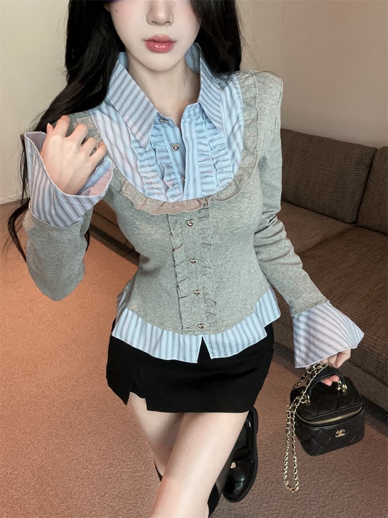실사 가을 핫걸 폴로 칼라 페이크 레이어드 티셔츠 여성 프릴 스트라이프 패치워크 나팔 긴팔 맨위 기본 셔츠 상세 이미지 9
