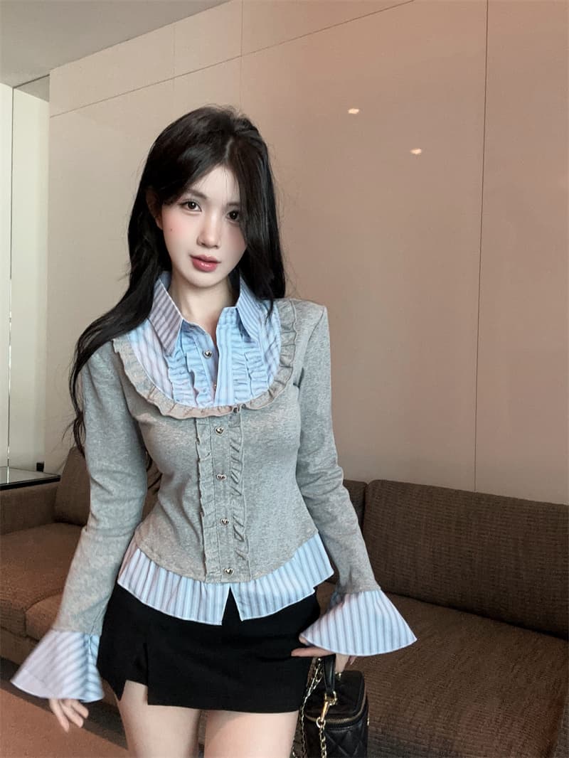 실사 가을 핫걸 폴로 칼라 페이크 레이어드 티셔츠 여성 프릴 스트라이프 패치워크 나팔 긴팔 맨위 기본 셔츠 상세 이미지 10
