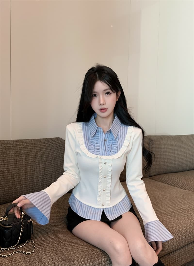 실사 가을 핫걸 폴로 칼라 페이크 레이어드 티셔츠 여성 프릴 스트라이프 패치워크 나팔 긴팔 맨위 기본 셔츠 상세 이미지 13