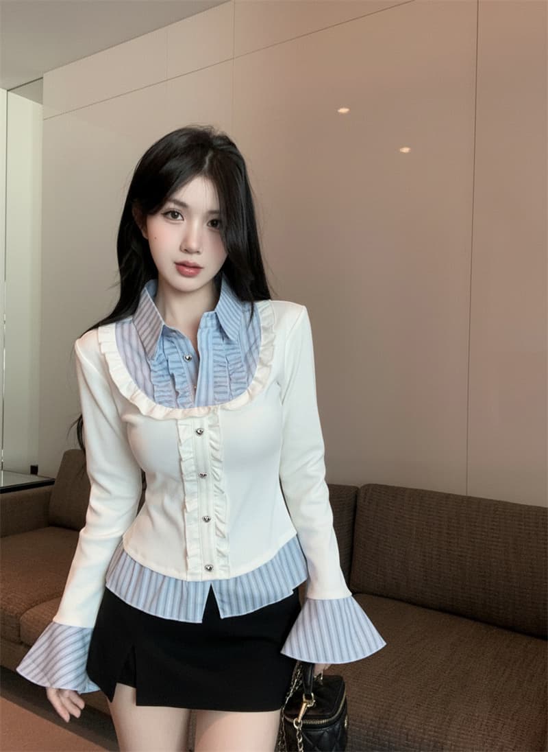 실사 가을 핫걸 폴로 칼라 페이크 레이어드 티셔츠 여성 프릴 스트라이프 패치워크 나팔 긴팔 맨위 기본 셔츠 상세 이미지 14