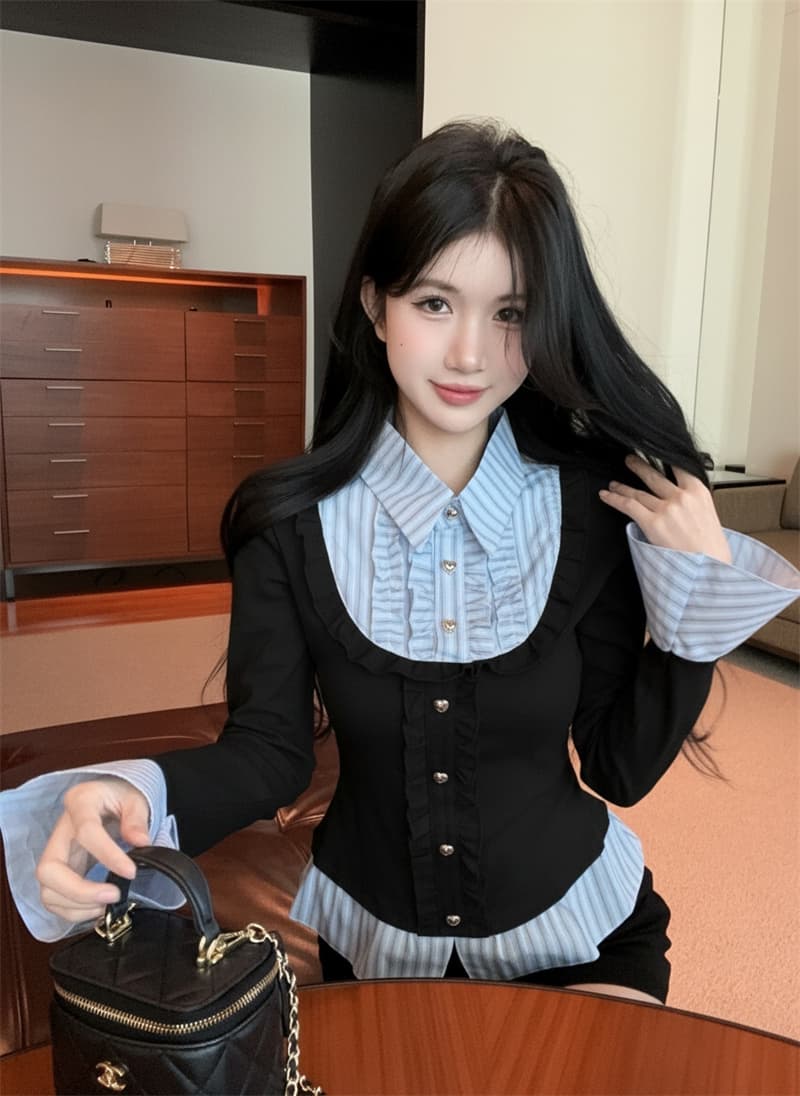 실사 가을 핫걸 폴로 칼라 페이크 레이어드 티셔츠 여성 프릴 스트라이프 패치워크 나팔 긴팔 맨위 기본 셔츠 상세 이미지 17
