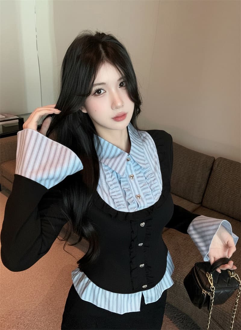 실사 가을 핫걸 폴로 칼라 페이크 레이어드 티셔츠 여성 프릴 스트라이프 패치워크 나팔 긴팔 맨위 기본 셔츠 상세 이미지 18