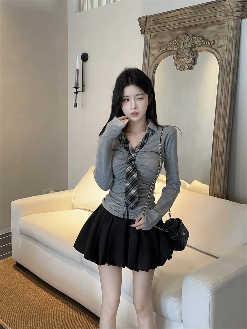 실사 가을 켜기 새로운 학원 스타일 넥타이 배색 페이크 레이어드 주름 몸매 가꾸기 슬림해 보이는 긴팔 티셔츠 여성 셔츠 상세 이미지 10