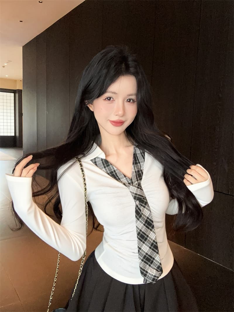 실사 가을 켜기 새로운 학원 스타일 넥타이 배색 페이크 레이어드 주름 몸매 가꾸기 슬림해 보이는 긴팔 티셔츠 여성 셔츠 상세 이미지 16