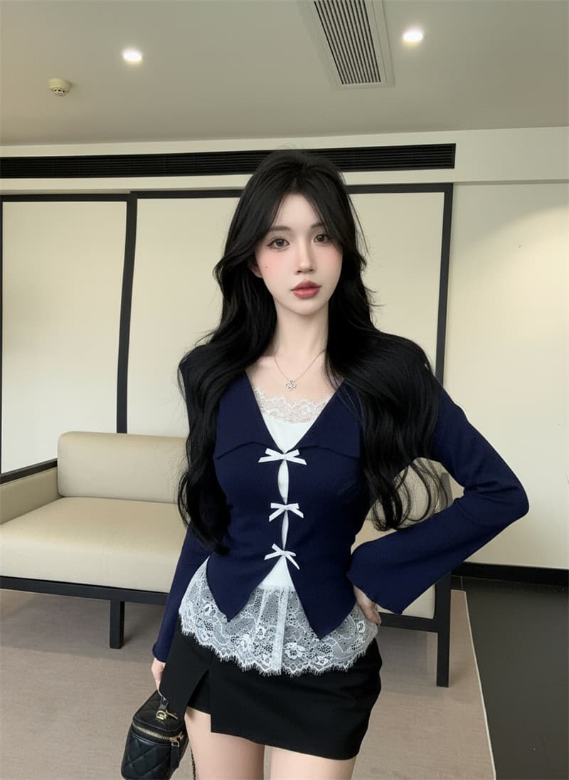 실사 가을 켜기 새로운 순수한 욕망 디자인 페이크 레이어드 레이스 조각 작은 셔츠 여성 긴팔 동정 여성 셔츠 티셔츠 이미지 4