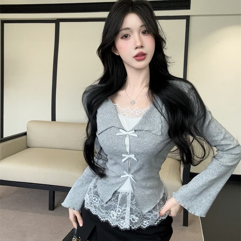 실사 가을 켜기 새로운 순수한 욕망 디자인 페이크 레이어드 레이스 조각 작은 셔츠 여성 긴팔 동정 여성 셔츠 티셔츠 이미지 5