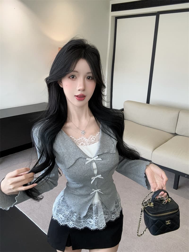 실사 가을 켜기 새로운 순수한 욕망 디자인 페이크 레이어드 레이스 조각 작은 셔츠 여성 긴팔 동정 여성 셔츠 티셔츠 상세 이미지 4