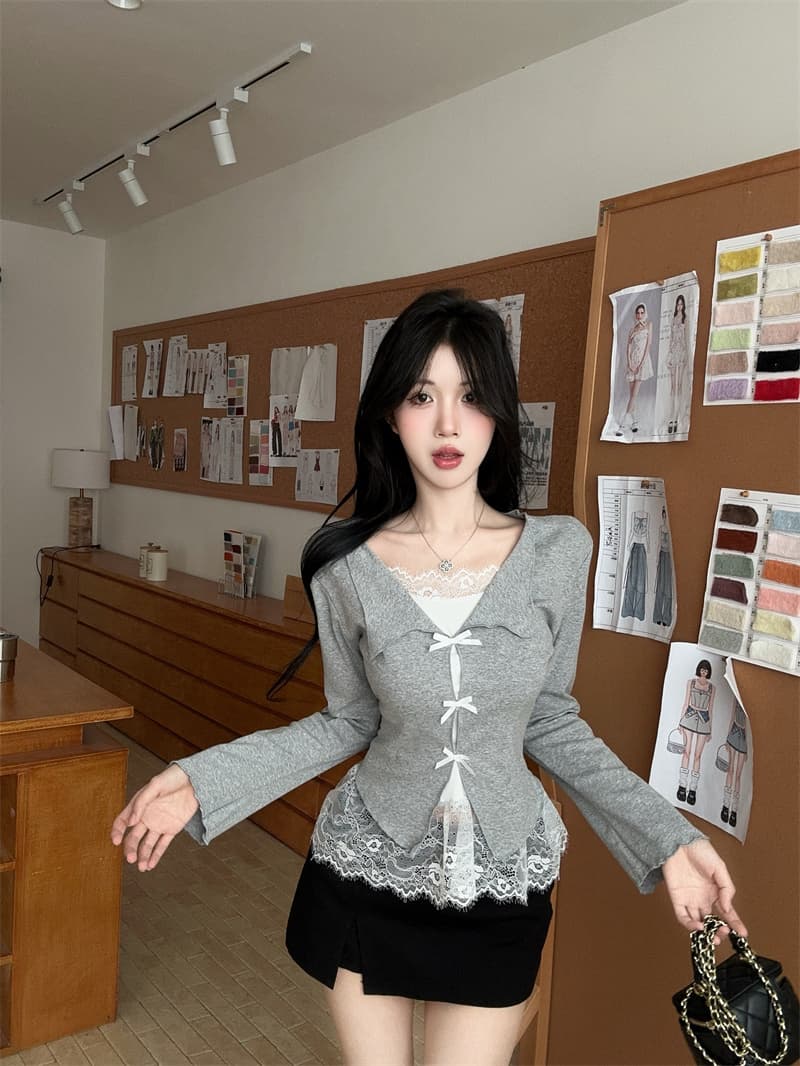 실사 가을 켜기 새로운 순수한 욕망 디자인 페이크 레이어드 레이스 조각 작은 셔츠 여성 긴팔 동정 여성 셔츠 티셔츠 상세 이미지 9