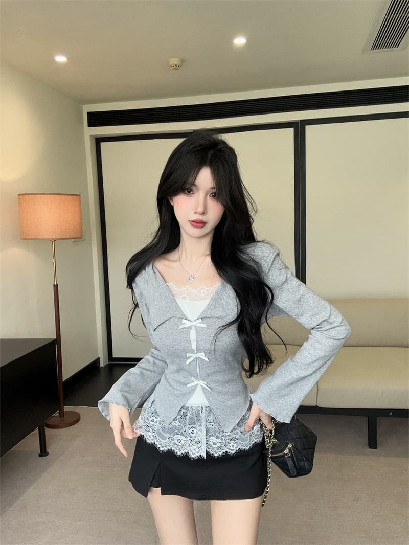 실사 가을 켜기 새로운 순수한 욕망 디자인 페이크 레이어드 레이스 조각 작은 셔츠 여성 긴팔 동정 여성 셔츠 티셔츠 상세 이미지 11