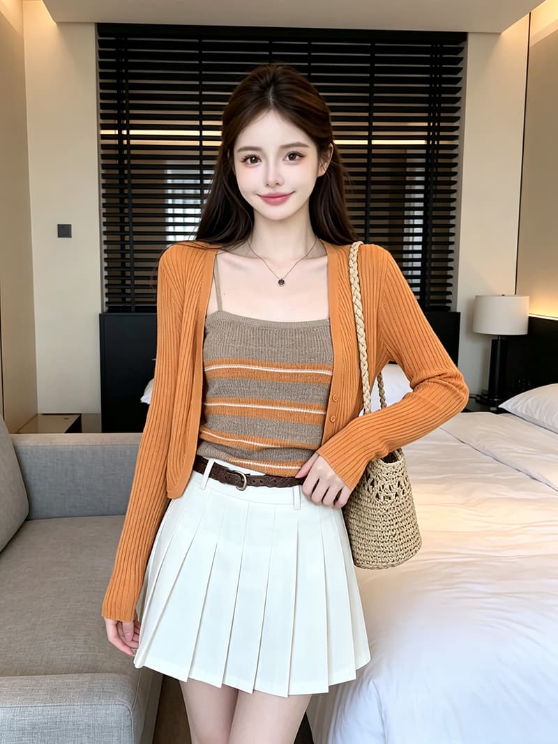 있음 보호 가을 켜기 새로운 한 부서 품격 배색 스트라이프 조끼 슬립 긴팔 니트 오픈 가디건 여성 투피스 세트 상세 이미지 7