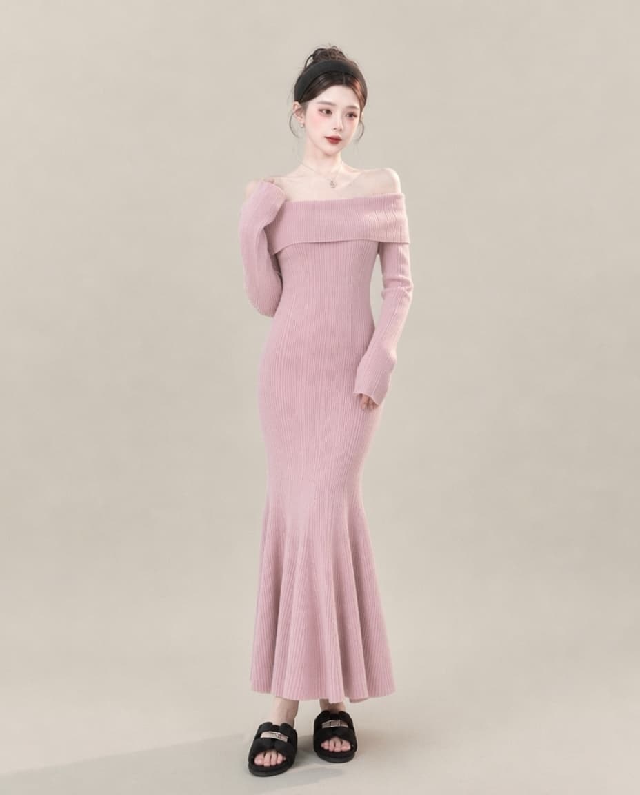 실사 가을 새로운 레트로 스타일 여신 팬 보트넥 긴팔 인어 꼬리 롱 스커트 몸매 가꾸기 슬림해 보이는 드레스 상세 이미지 4