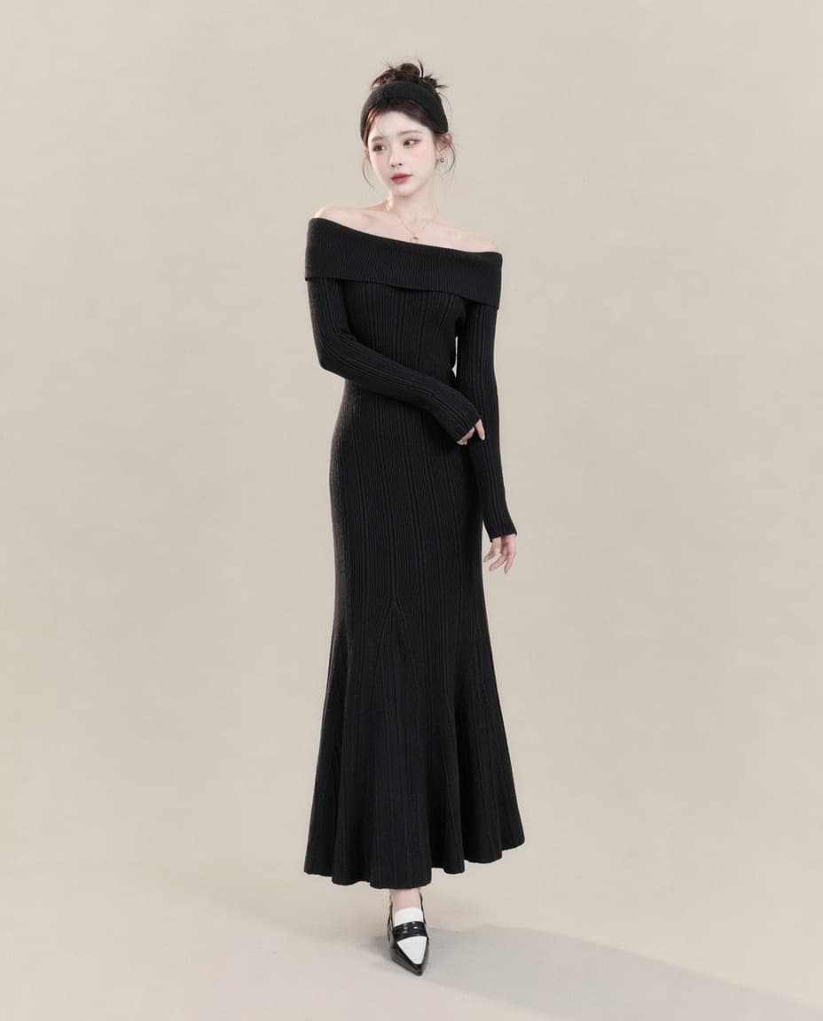 실사 가을 새로운 레트로 스타일 여신 팬 보트넥 긴팔 인어 꼬리 롱 스커트 몸매 가꾸기 슬림해 보이는 드레스 상세 이미지 6
