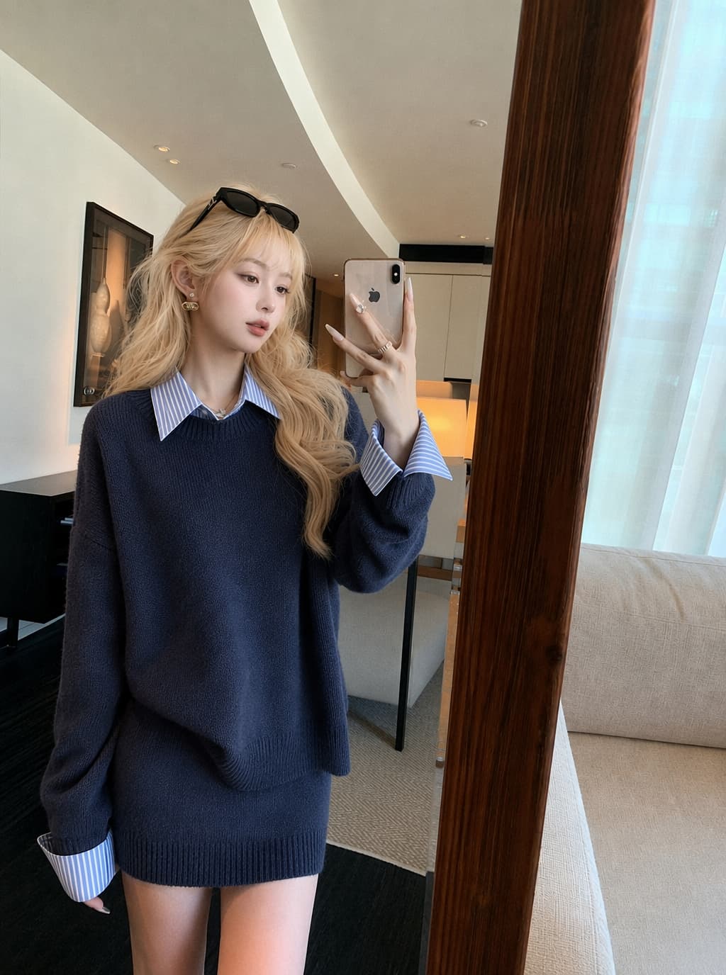실사 한 부서 회색 폴로 칼라 가짜 2 피스 슈트 머리 스웨터 여자 가을 루즈핏 니트 스웨터 맨위 치마 세트 이미지 3