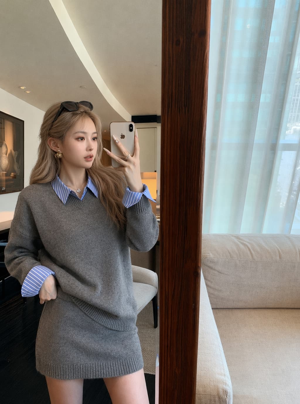 실사 한 부서 회색 폴로 칼라 가짜 2 피스 슈트 머리 스웨터 여자 가을 루즈핏 니트 스웨터 맨위 치마 세트 상세 이미지 4