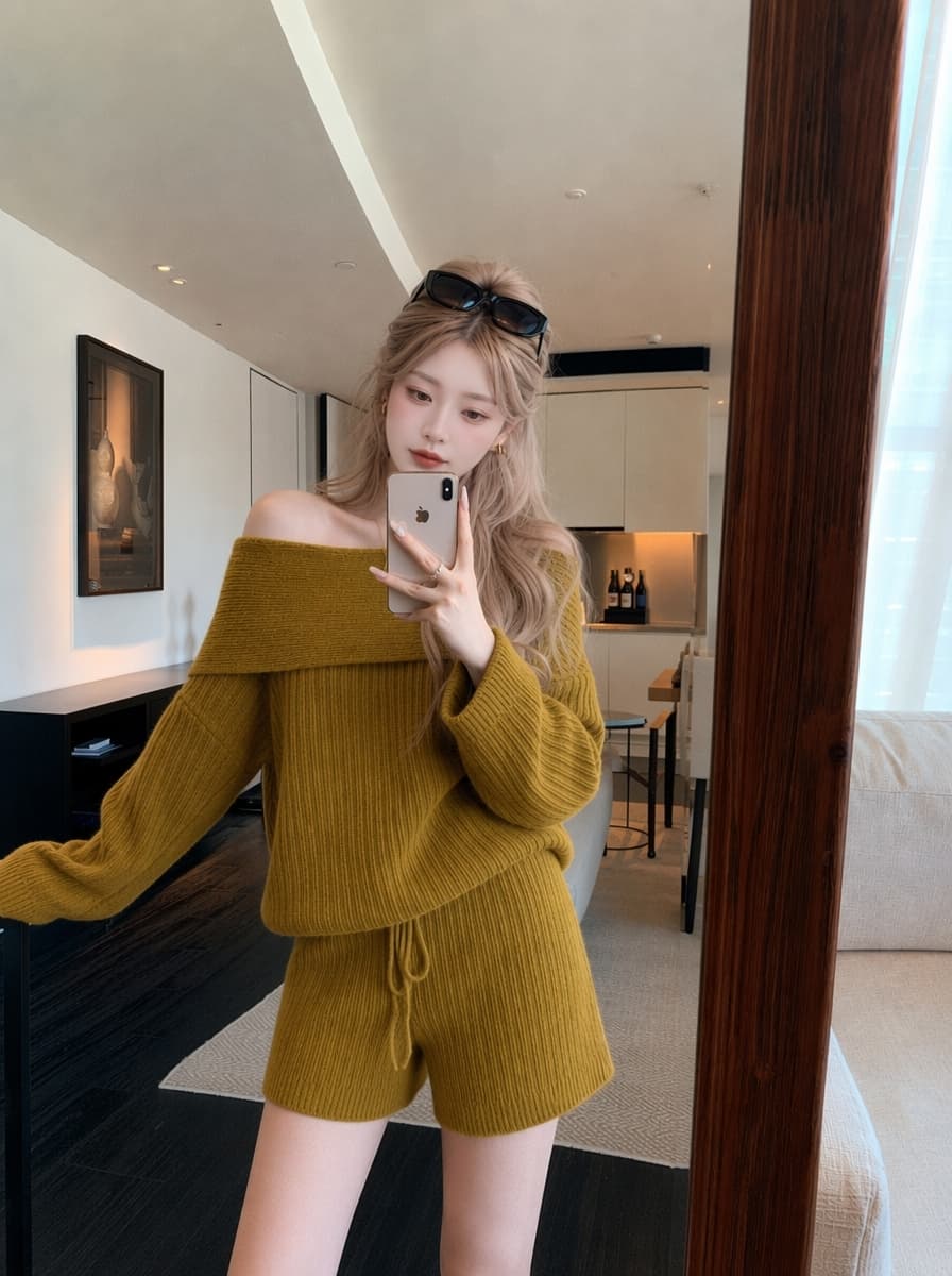 실사 2026 새로운 품격 니트 세트 오프숄더 스웨터 루즈핏 캐주얼 반바지 두 조각 여성 세트 이미지 3