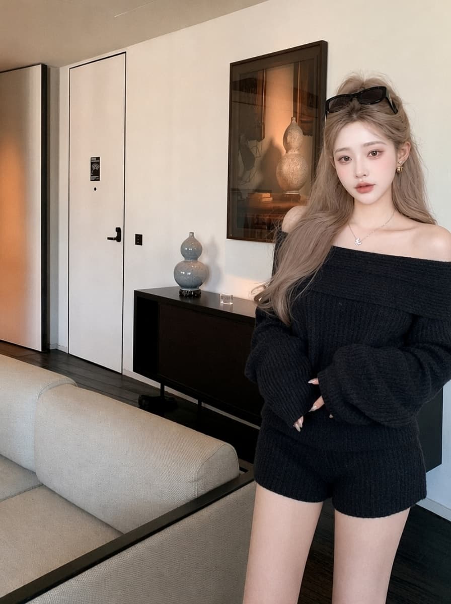 실사 2026 새로운 품격 니트 세트 오프숄더 스웨터 루즈핏 캐주얼 반바지 두 조각 여성 세트 이미지 4
