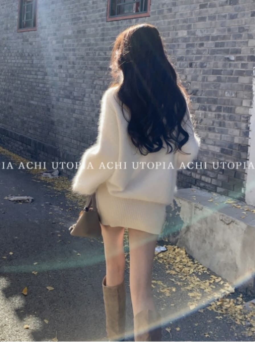achi 대 또한 수영장 수달 털 니트 스웨터 스웨터 여자 화이트 지퍼 재킷 니트 타이트 스커트 투피스 슈트 상세 이미지 3