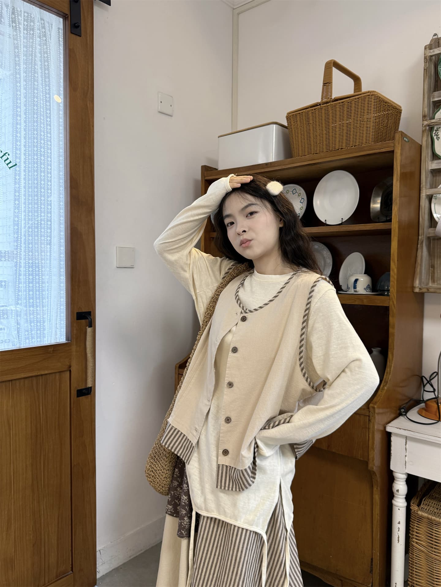 실사 정가 레트로 패치워크 베스트 긴팔 t+ 반신 스커트 상세 이미지 7