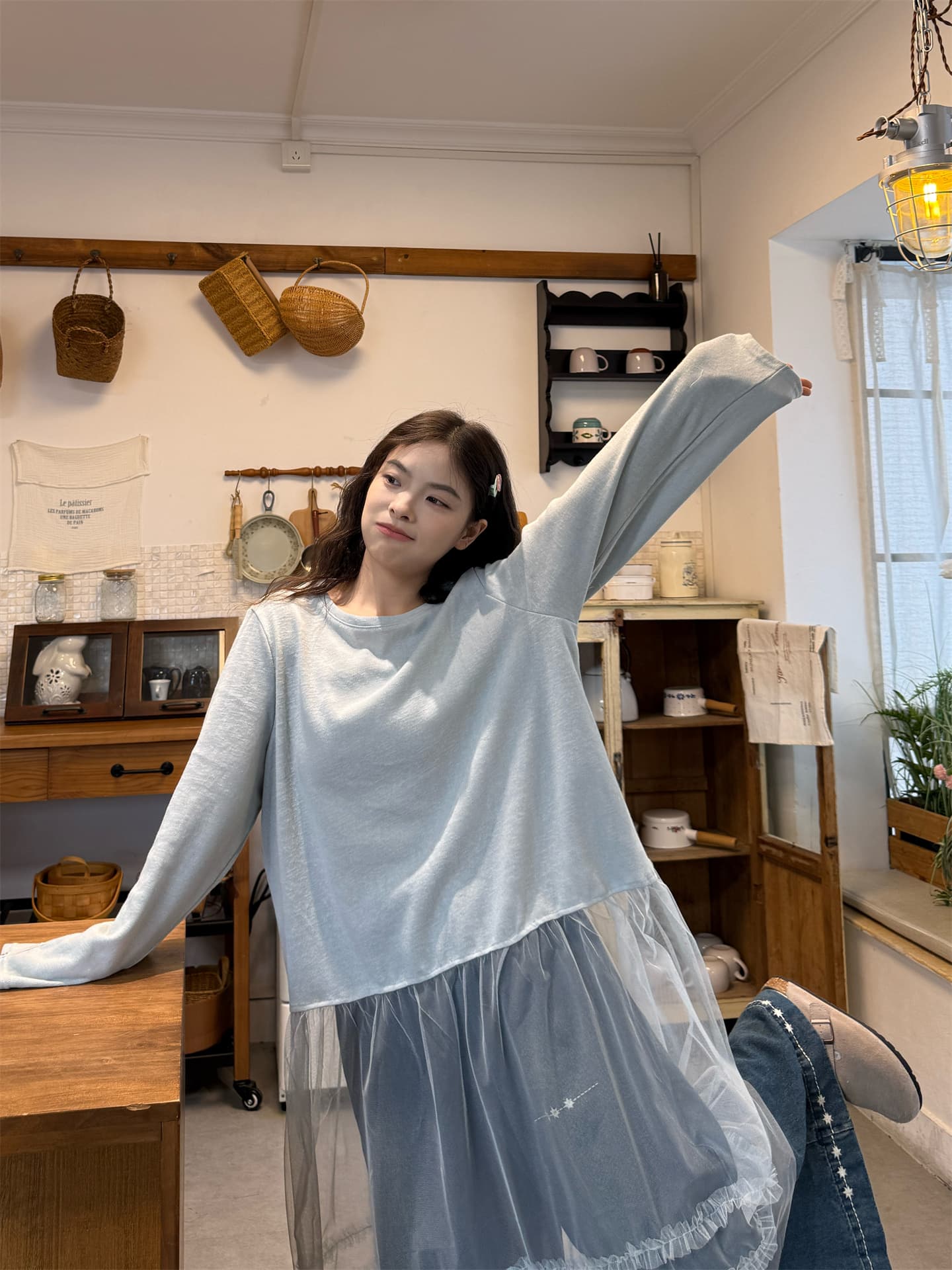 실사 정가 긴팔 망사 패치워크 t+ 파란색 꽃 베스트 청바지 상세 이미지 12