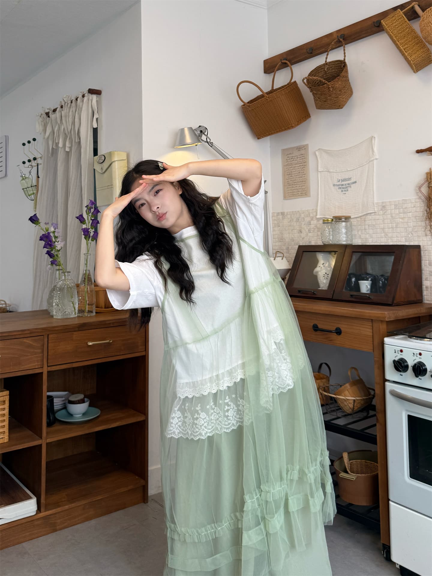 실사 레이스 패치워크 반팔 t+ 녹색 블라우스 치마 녹색 바지 상세 이미지 10