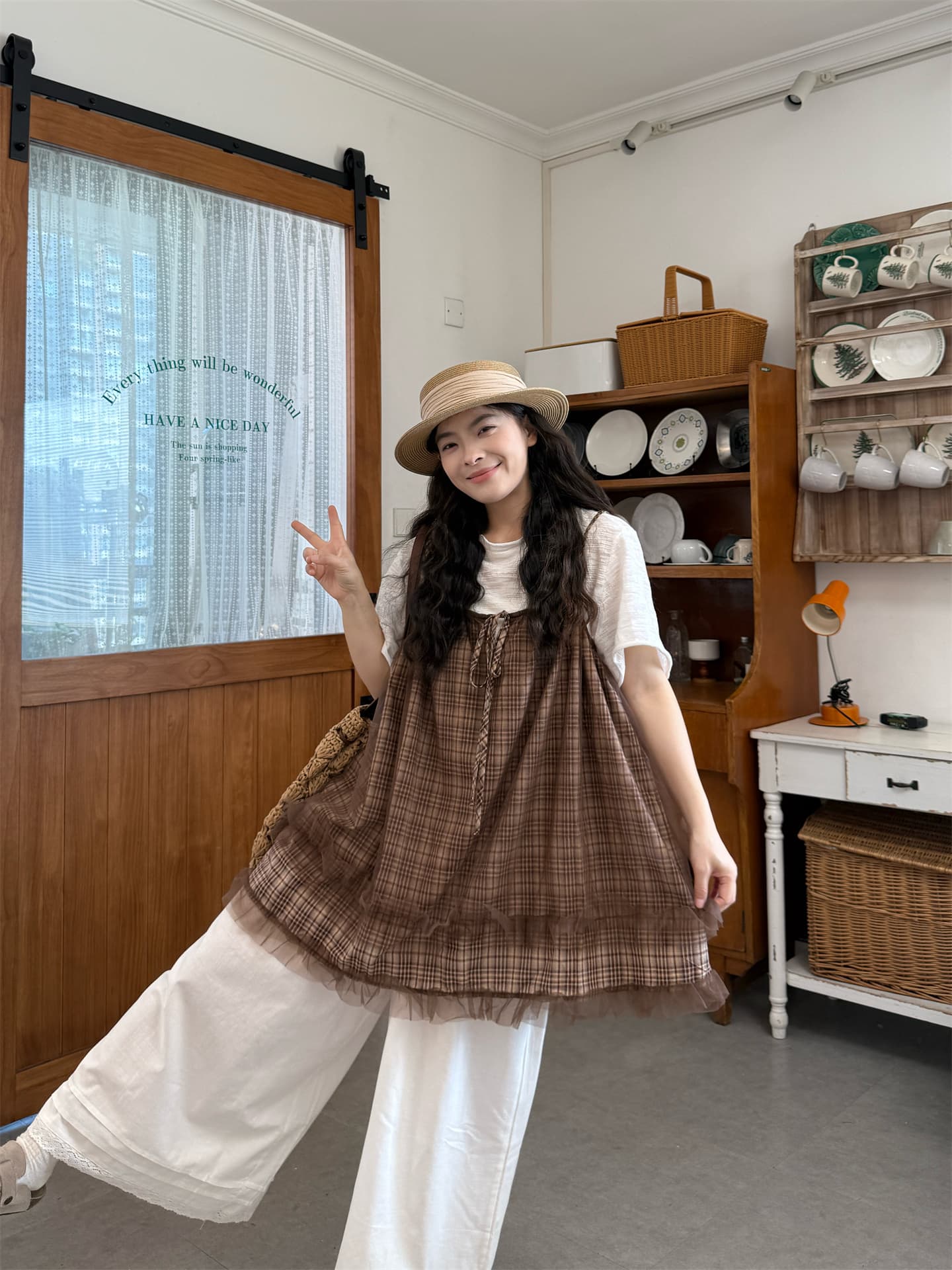 실사 망사 체크무늬 슬립 화이트 반팔 t+ 긴 바지 상세 이미지 5