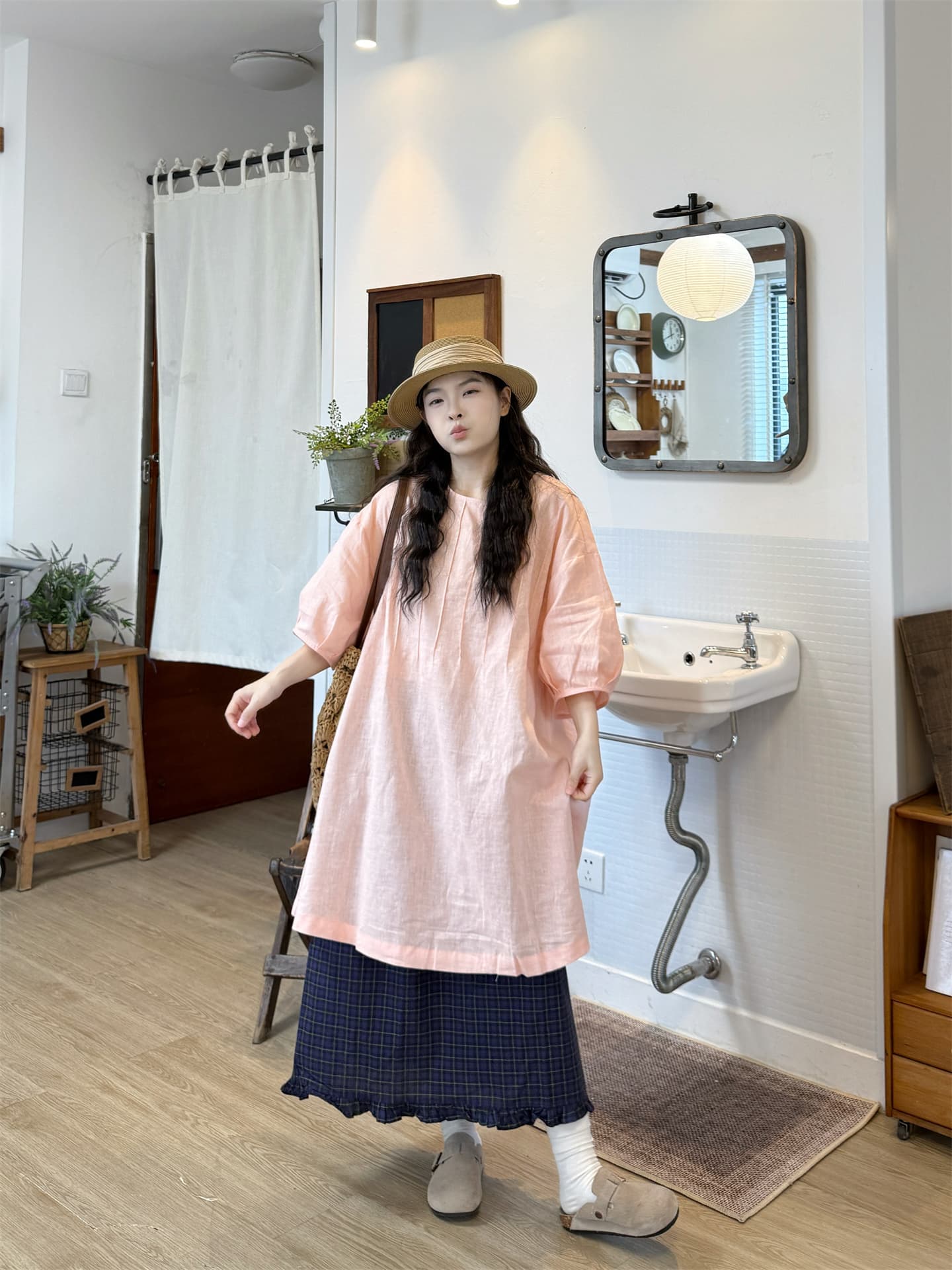 실사 반팔 루즈핏 셔츠 그리드 반신 스커트 상세 이미지 1