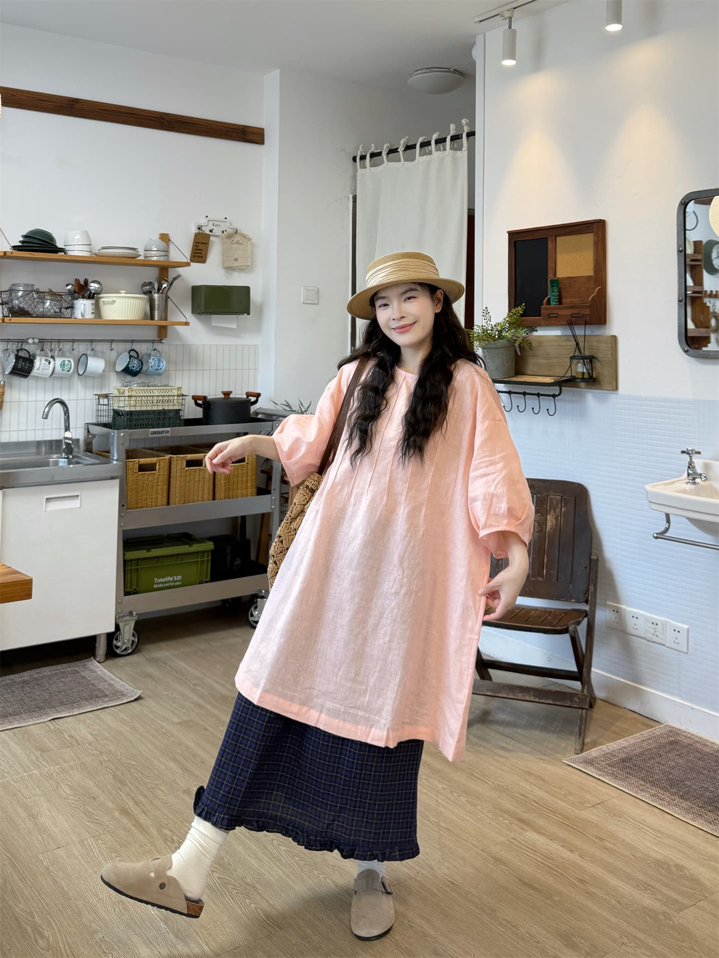 실사 반팔 루즈핏 셔츠 그리드 반신 스커트 상세 이미지 3