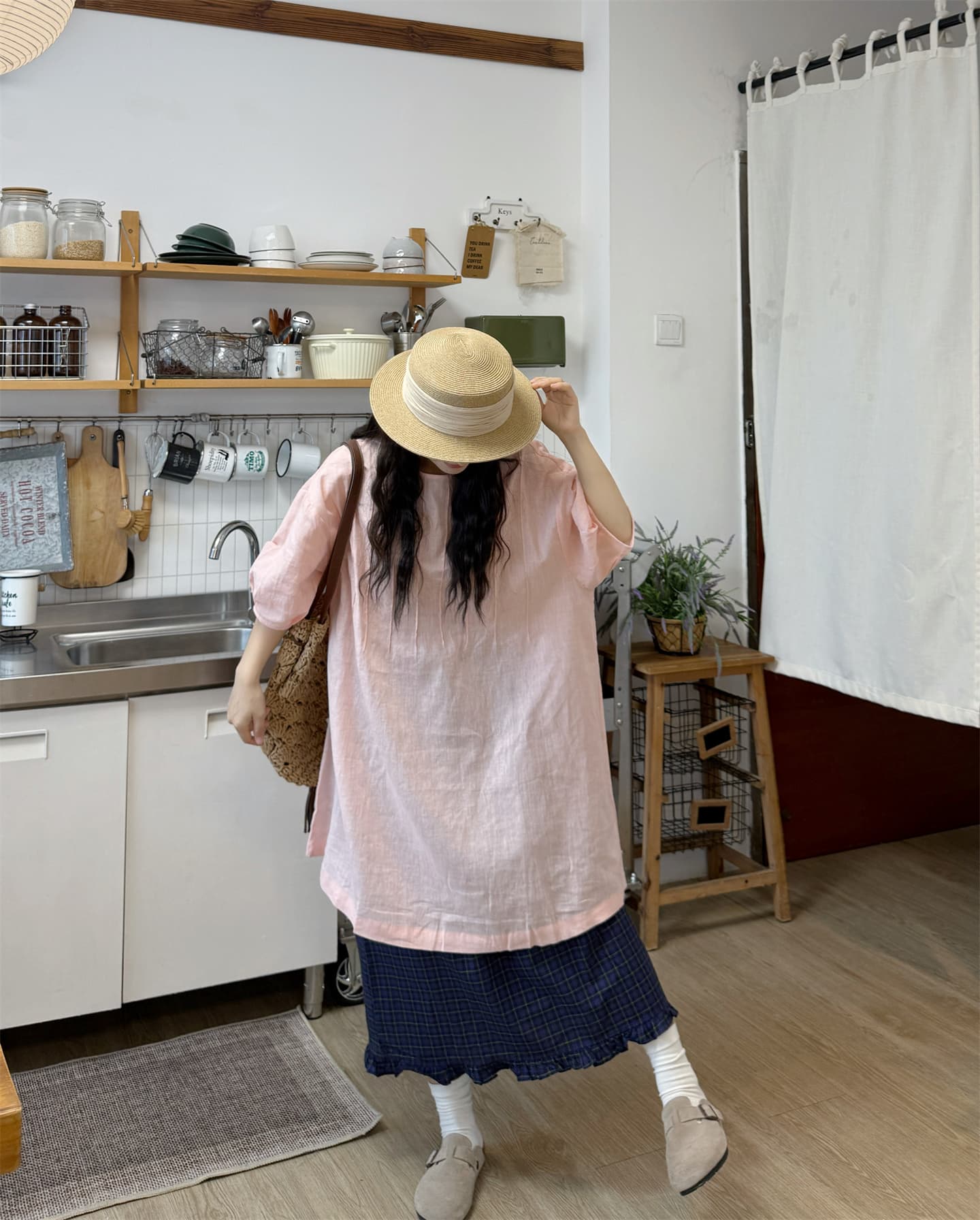 실사 반팔 루즈핏 셔츠 그리드 반신 스커트 상세 이미지 6