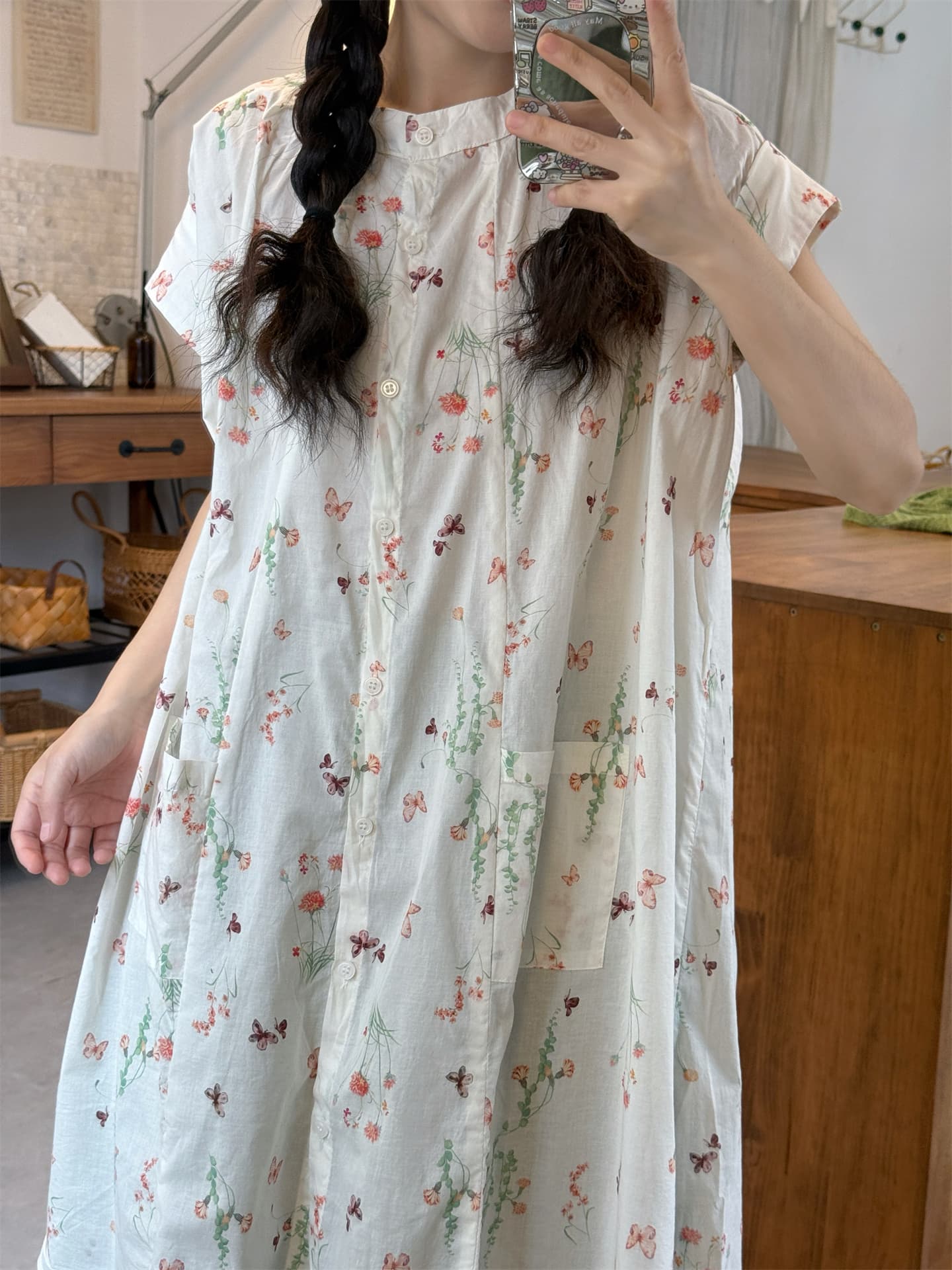 실사 반팔 꽃무늬 셔츠 녹색 그리드 바지 이미지 3