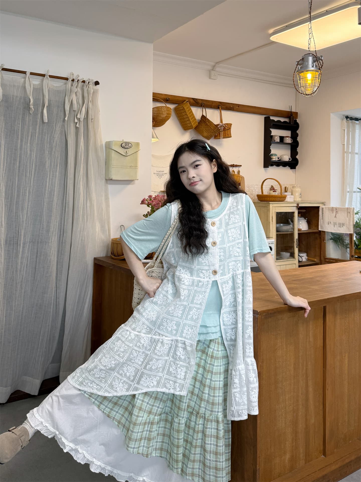 실사 반팔 t+ 베스트 블라우스 그리드 반 스커트 이미지 4