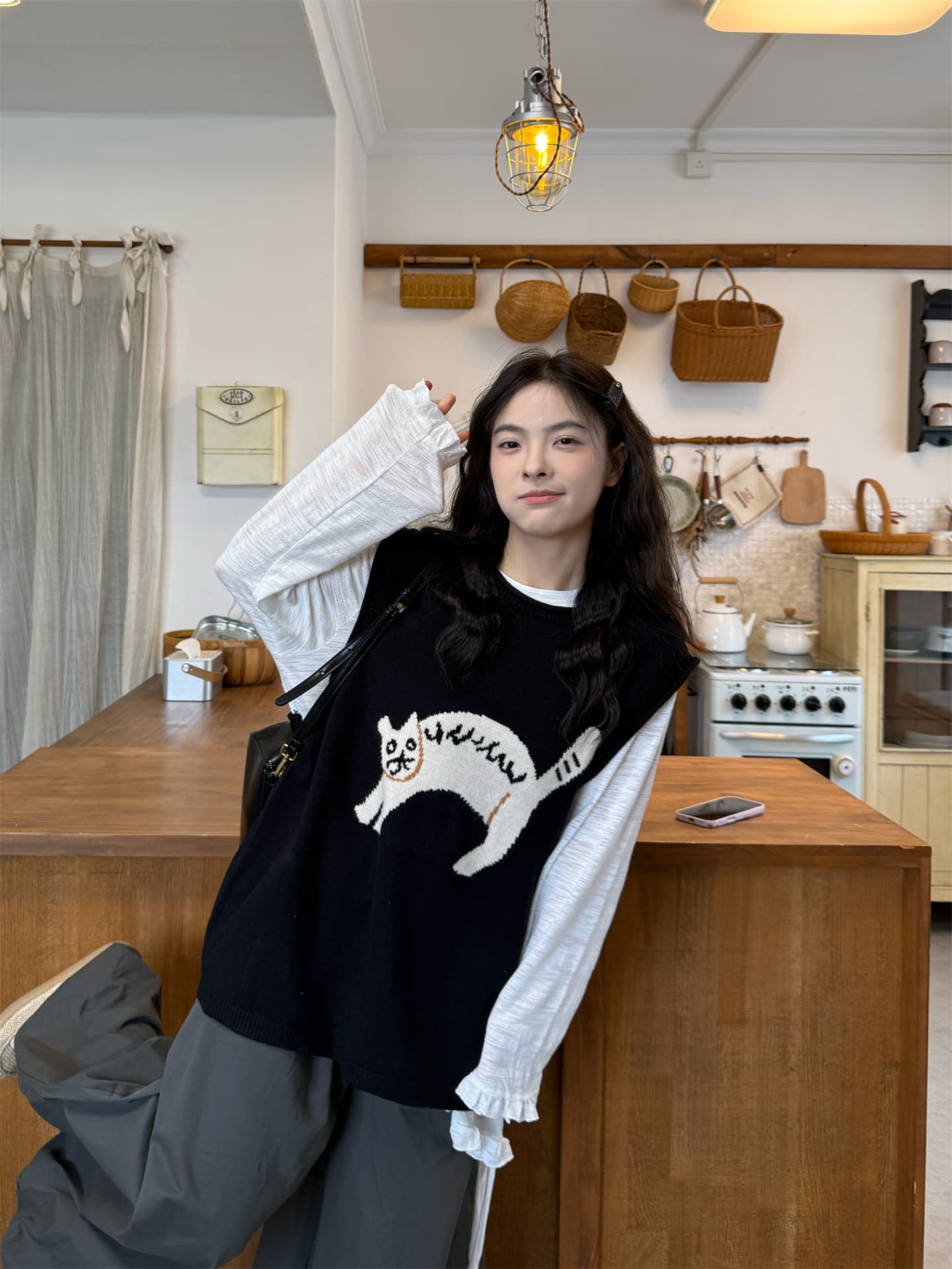 실사 새끼 고양이 니트 말 플러스 인사이드 가져 가라. t+ 회색 배기 바지 이미지 3