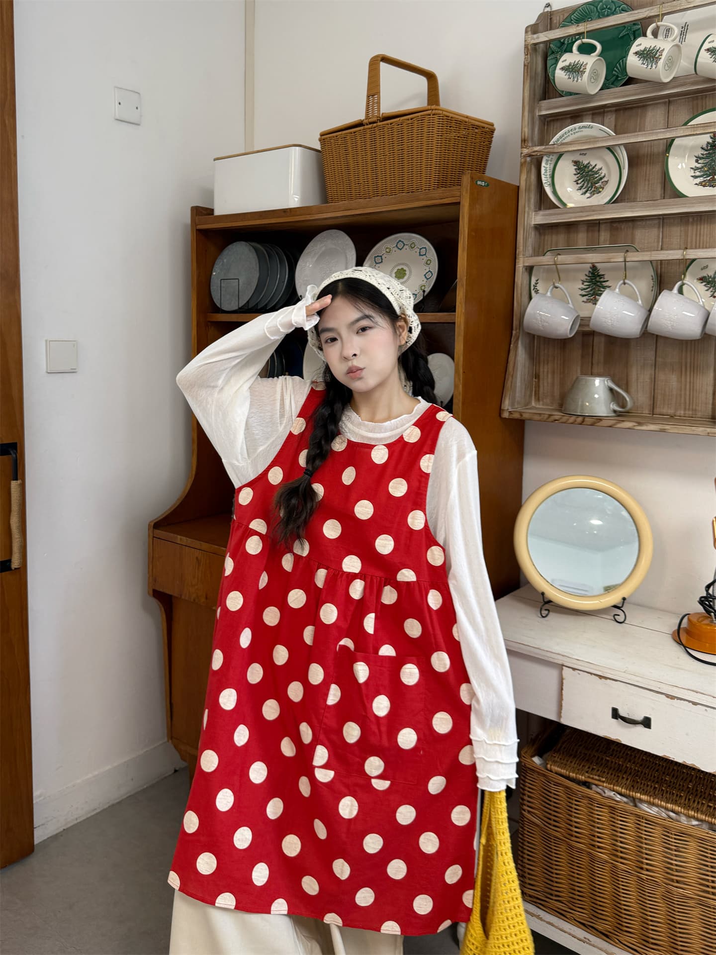 실사 빨간색 조끼 도트 무늬 치마 긴팔 인사이드 가져 가라. 살구 프릴 바지 상세 이미지 6