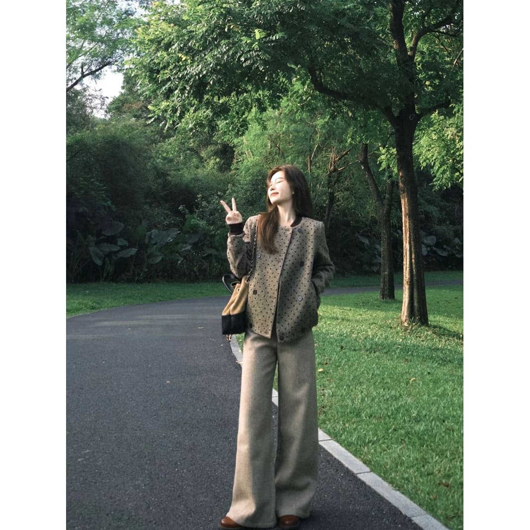 오래된 돈 바람 레트로 카키 도트 무늬 작은 샤넬 스타일 여성 코트 가을 겨울 새로운 품격 느긋한 재킷 맨위 상세 이미지 2