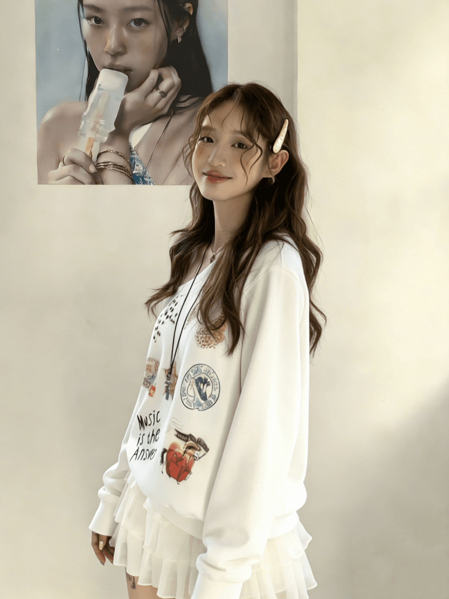 느긋한 바람 만화 프린트 비스듬한 어깨 후드티 이른 봄 고급 센스 오프숄더 아메리칸 핫걸 긴팔 맨위 이미지 2