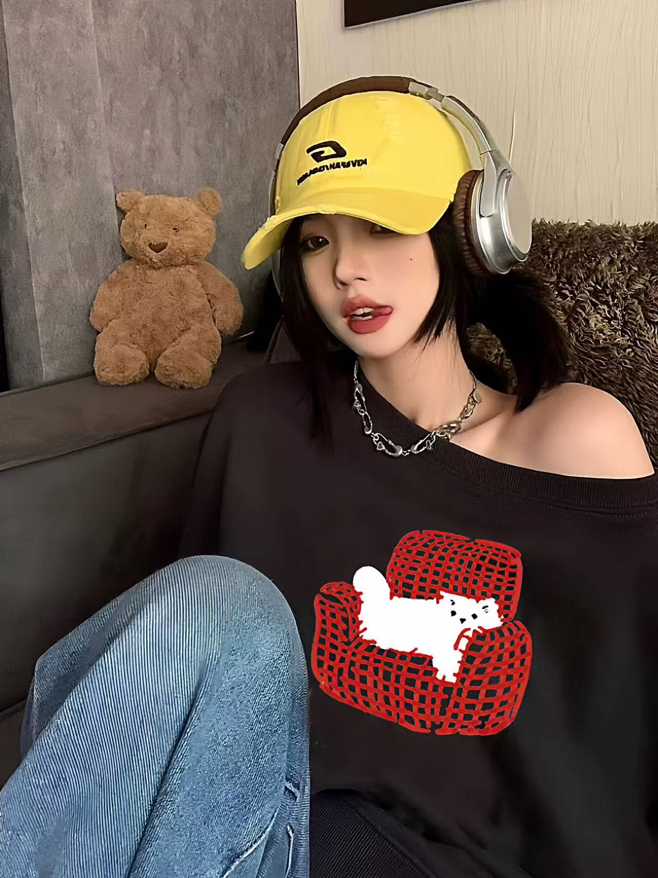 아메리칸 레트로 고양이 비스듬한 어깨 긴팔 후드티 여성 루즈핏 고급 센스 검정색 느긋한 캐주얼 오프숄더 맨위 상세 이미지 2
