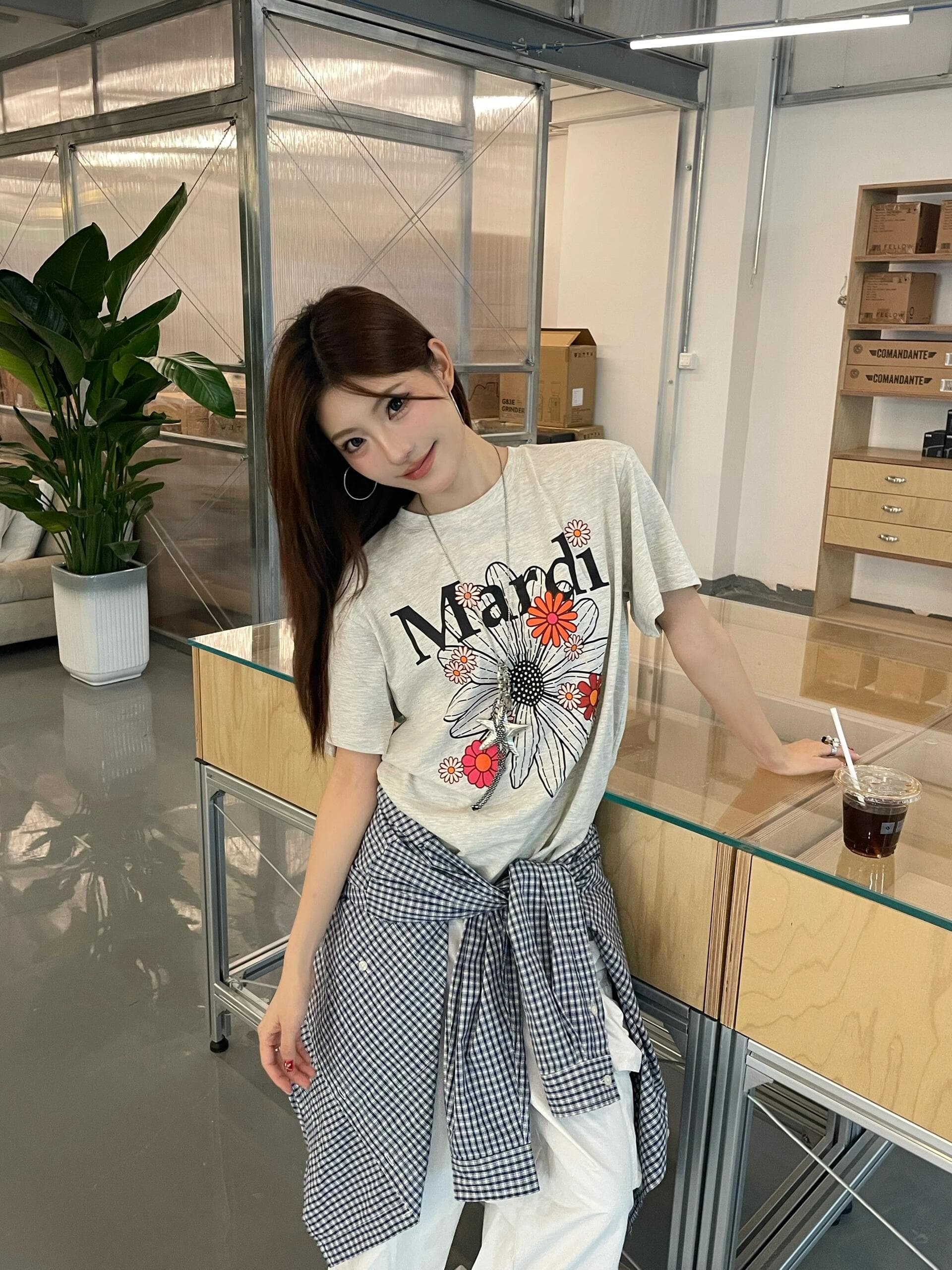 무거운 순면 한국 mardi 반팔 여성 같은 단락 데이지 프린트 맨위 루즈핏 여름 티셔츠 새로운 ins 트렌디 상세 이미지 1