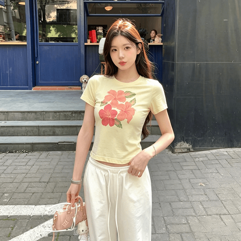 한 부서 연령 감소 패션 꽃 프린트 황색 반팔 티셔츠 여성 여름 순수한 욕망 슬림해 보이는 맨위