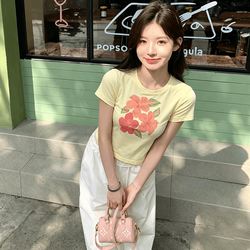 한 부서 연령 감소 패션 꽃 프린트 황색 반팔 티셔츠 여성 여름 순수한 욕망 슬림해 보이는 맨위 상세 이미지 3