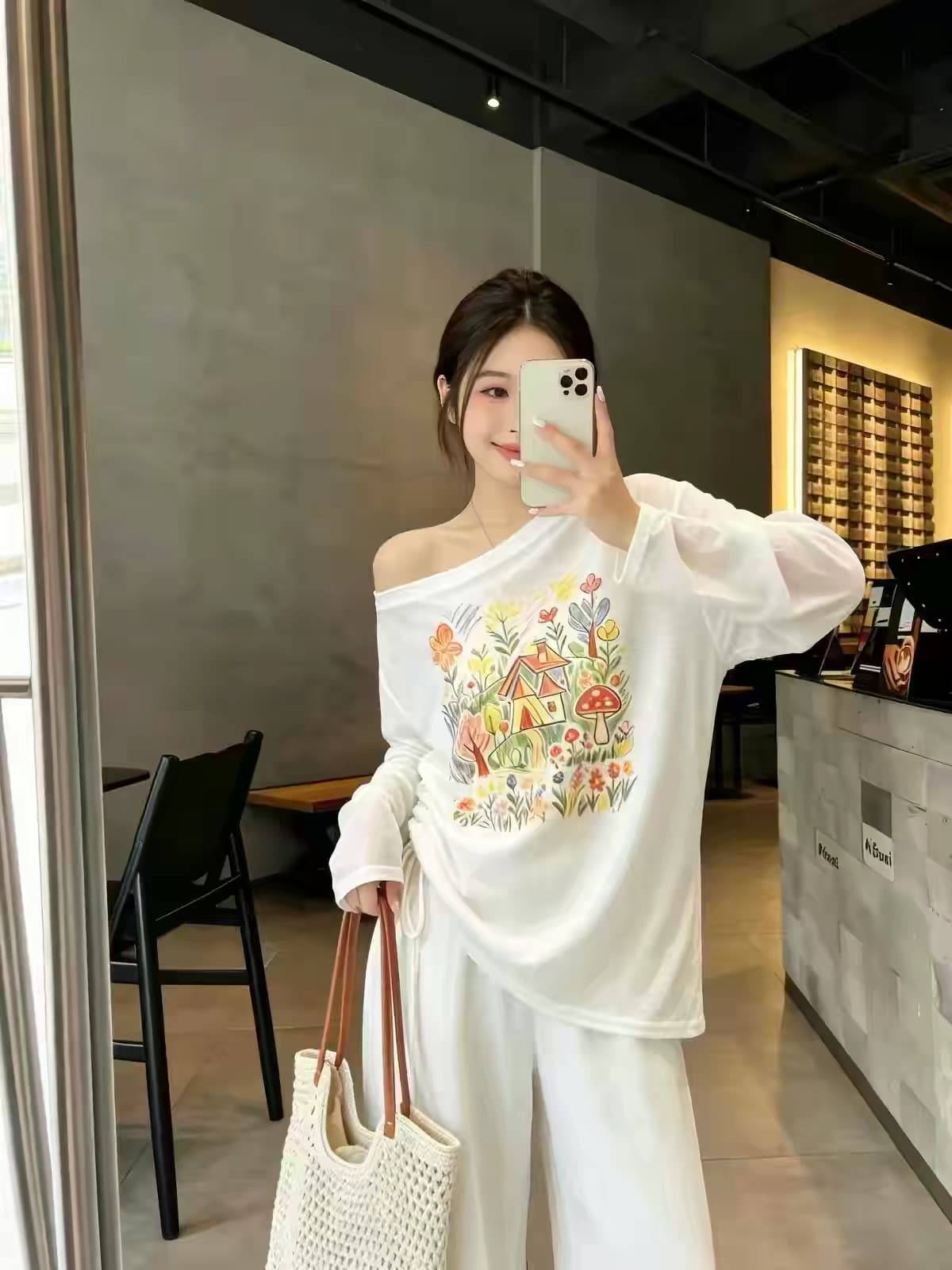 얇은 스타일 마이크로 ~을 통해 자외선 차단 블라우스 펌프 로프 허리 수축 프린트 긴팔 티셔츠 비스듬한 오프숄더 루즈핏 도파민 맨위 여성 여름 이미지 4