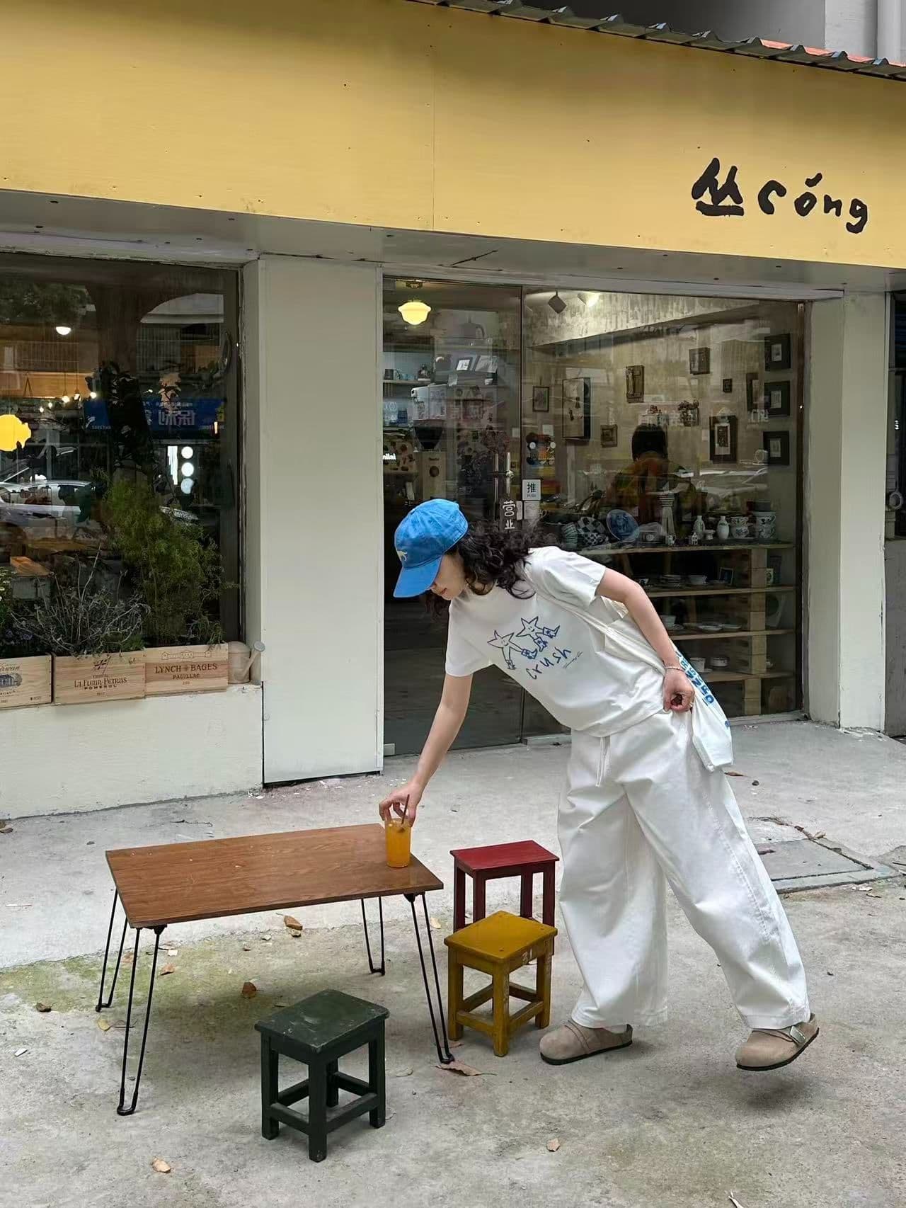 아메리칸 캐주얼 별 사람들 프린트 긍정적 인 어깨 반팔 티셔츠 여성 여름 새로운 루즈핏 다용도 순면 라운드 넥 맨위 상세 이미지 2