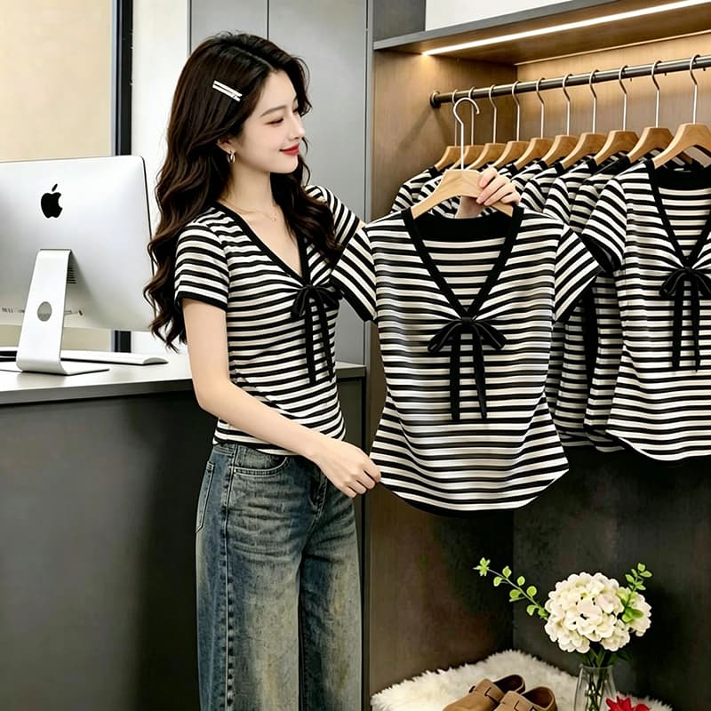 프랑스식 순수한 욕망 바람 배색 스트라이프 나비 넥타이 반팔 티셔츠 여성 여름 새로운 품격 연령 감소 맨위 트렌디 상세 이미지 1