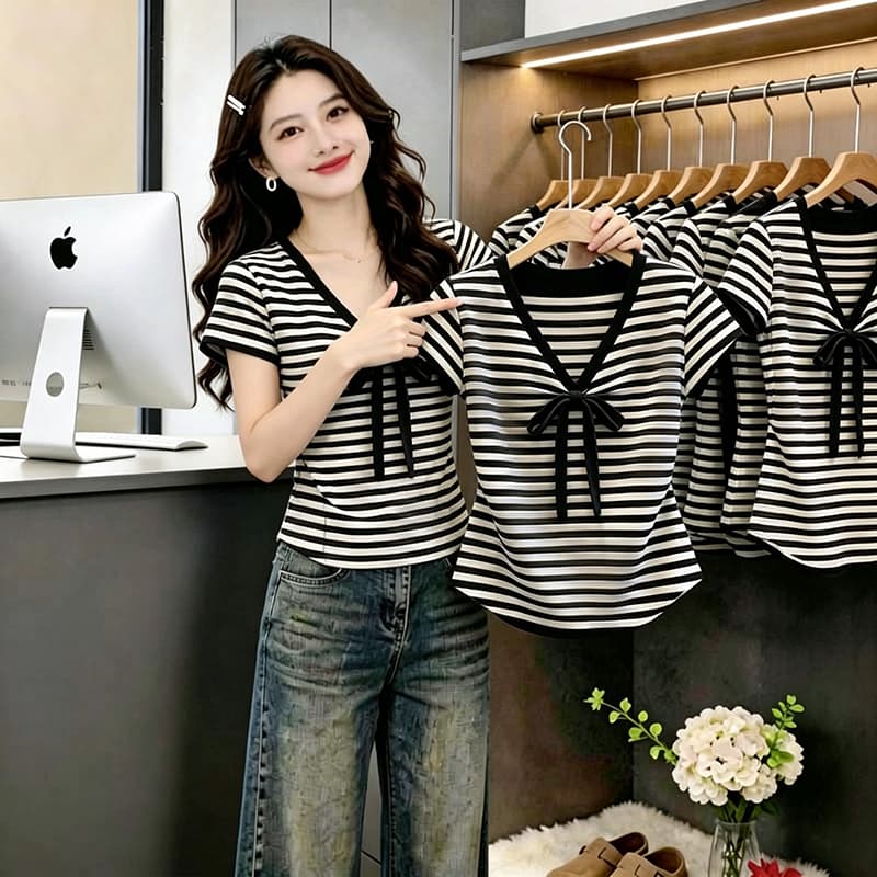 프랑스식 순수한 욕망 바람 배색 스트라이프 나비 넥타이 반팔 티셔츠 여성 여름 새로운 품격 연령 감소 맨위 트렌디 상세 이미지 2