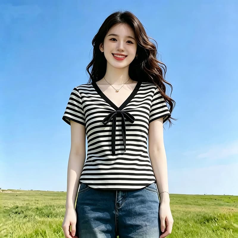 프랑스식 순수한 욕망 바람 배색 스트라이프 나비 넥타이 반팔 티셔츠 여성 여름 새로운 품격 연령 감소 맨위 트렌디 상세 이미지 3